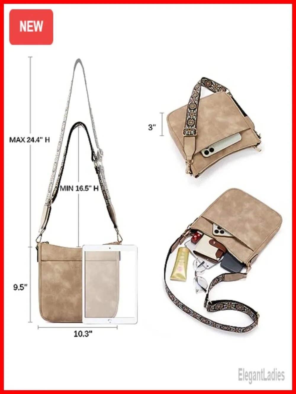 Vegan Leather Crossbody Hobo Purse with Wide Strap Shoulder Bag